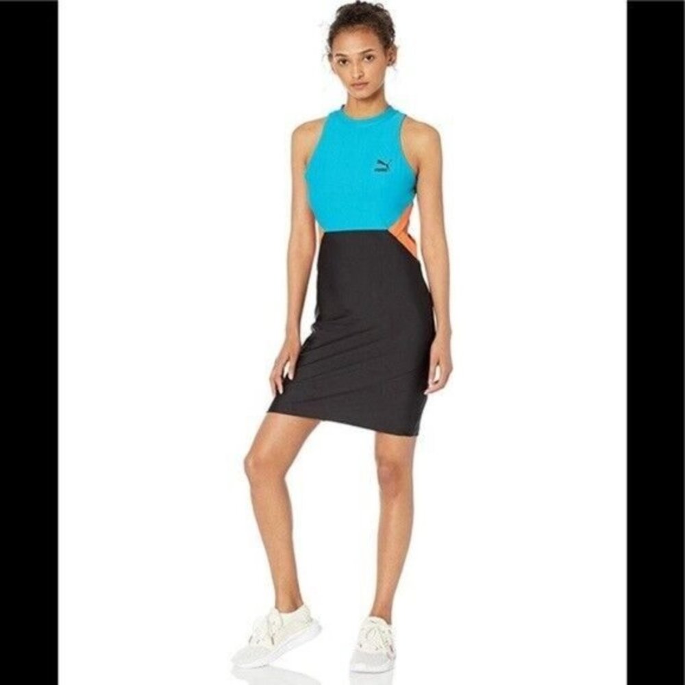 Puma Colorblock Cutout Dress Women Small Blue Black Sporty Chic Bodycon‎ Mini